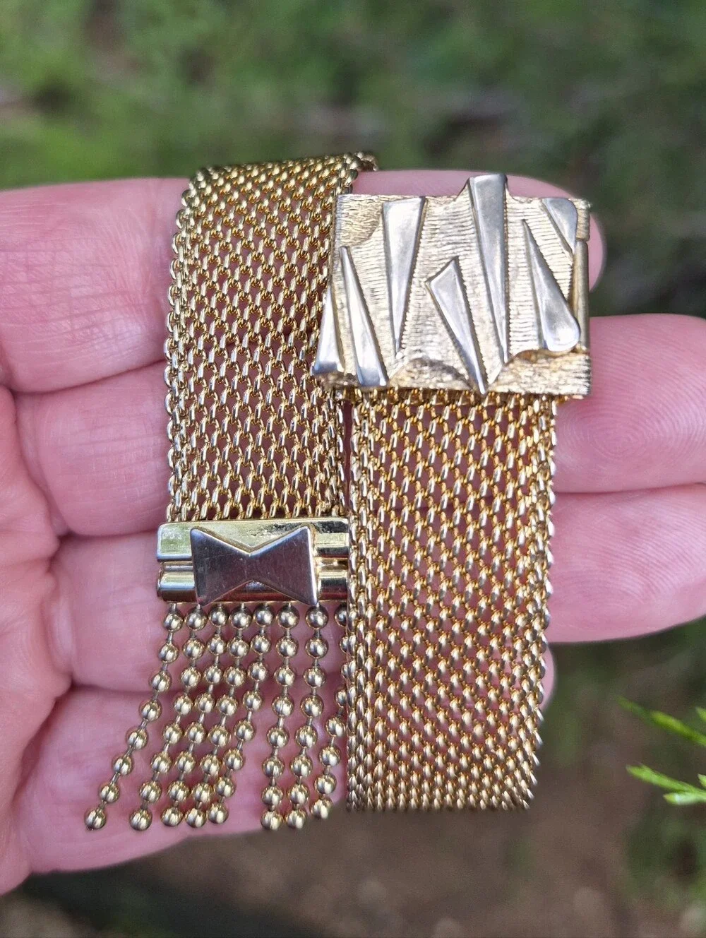 Vintage Victorian Revival Mesh Tassel Fringe Slide Bracelet Adjustable Gold Tone